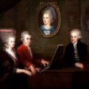Family portrait from about 1780 by Johann Nepomuk della Croce: Nannerl, Wolfgang, Leopold. On the wall is a portrait of Mozart's mother, who had died in 1778