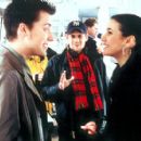 Lance Bass, director Eric Bross and Emmanuelle Chriqui on the set of Miramax's On The Line - 2001