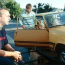 Director Danny Leiner, a vintage Renault, Seann William Scott and Ashton Kutcher on the set of 20th Century Fox's Dude, Where's My Car? - 2000