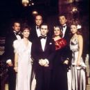 Some of the cast of The Last Tycoon. From left to right: Tony Curtis, Leslie Curtis, Ray Milland, Robert De Niro, Jeanne Moreau, Robert Mitchum, and Theresa Russell