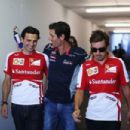 (L-R) Ferrari reserver driver Pedro de la Rosa, Mark Webber of Australia and Infiniti Red Bull Racing and Fernando Alonso of Spain and Ferrari attend the drivers briefing following practice for the Hungarian Formula One Grand Prix at Hungaroring on July 2