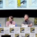 Producer Charlotte Huggins, actor Dane DeHaan and musicians James Hetfield and Lars Ulrich speak onstage at "At The Drive-In With Metallica" during Comic-Con International 2013 at San Diego Convention Center on July 19, 2013 in San Diego, California