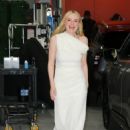 Dakota Fanning – Exits Live with Kelly and Mark in a white dress in New York