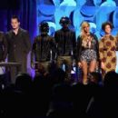 Jason Aldean, Jack White, Daft Punk, Beyonce, Regine Chassagne, and Win Butler onstage at the Tidal launch event #TIDALforALL at Skylight at Moynihan Station on March 30, 2015 in New York City. - 454 x 302