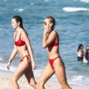 Selena Weber and Lauren Ashley in Red Bikinis on Miami Beach