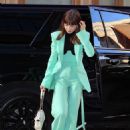Lily Collins – In a mint green pantsuit attending the Drew Barrymore show in NY