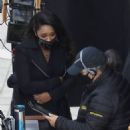 Candice Patton – Filming ‘The Flash’ season 7 with co-star Victoria Park in Vancouver - 454 x 681