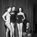 Comedian Eddie Cantor with beauty contestants Lisa Davis, Barbara Drake and Phyllis Applegate, Los Angeles - Los Angeles Daily News photo 1954