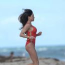 Jasmine Waltz in Red Swimsuit on Miami Beach