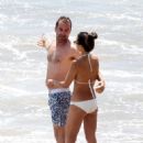 Jordana Brewster – In a white scalloped bikini on the beach in Santa Monica - 454 x 599