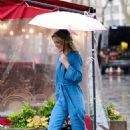 Charlotte Hawkins – Wearing a denim belted jumpsuit ona  rain day in London - 454 x 681