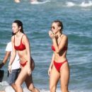 Selena Weber and Lauren Ashley in Red Bikinis on Miami Beach - 454 x 681