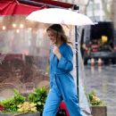 Charlotte Hawkins – Wearing a denim belted jumpsuit ona  rain day in London - 454 x 681