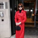 Nicola Roberts – Wearing red leather rain coat at Zoe Ball breakfast show in London - 454 x 599