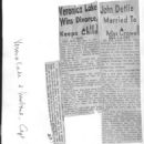 News clipping attached to back of photo of Veronica Lake with her husband, Capt. John Detlie