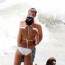 Jordana Brewster – In a white scalloped bikini on the beach in Santa Monica - 454 x 594