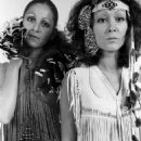Colette Mimram with Stella Douglas in fringe pieces from their shop, 1969