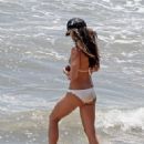 Jordana Brewster – In a white scalloped bikini on the beach in Santa Monica - 454 x 641