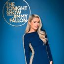 Paris Hilton wore a deep blue dress at Tonight Show Starring Jimmy Fallon