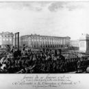 Execution of Louis XVI in the Place de la Révolution. The empty pedestal in front of him had supported a statue of his grandfather, Louis XV, now torn down during one of the many revolutionary riots
