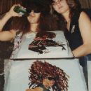 Dimebag and Haney with birthday cake she made by hand, 1987