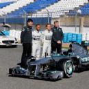 (L-R) Toto Wolff the Executive Director of Mercedes, Lewis Hamilton of Great Britain and Mercedes, Nico Rosberg of Germany and Mercedes and Ross Brawn the Mercedes Team Principal pose during the Mercedes GP F1 W04 Launch at Circuito de Jerez on February 4