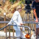 Jodie Whittaker in white suit, filming for new series 'One Night' - 415 x 545