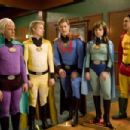 Sam Lloyd as Herman Brainard, Ray Griggs as Puffer Boy, Ryan McPartlin as Will Powers, Danielle Harris as Felicia Freeze and Justin Whalin as Ed Gruberman in Super Capers. Photo by Phil Nee. - 454 x 302