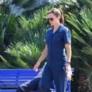 Jennifer Garner – Wears a blue jumpsuit and grey Birkenstock style sandals in Santa Monica
