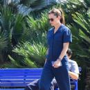 Jennifer Garner – Wears a blue jumpsuit and grey Birkenstock style sandals in Santa Monica