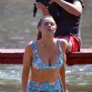 Sophie Monk in Blue Bikini on a beach in Portofino