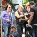 Joe Elliott, Phil Collen and Vivian Campbell of Def Leppard appear for a performance and interview with Mario Lopez of 'Extra' at The Grove, California on June 1st, 2012 - 432 x 594