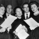 Irene Dunne, Alec Guinness, Gloria Swanson, Montgomery Clift, and Claudette Colbert at rehearsals for the BBC radio program, 