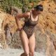 Paula Patton in Animal Print Swimsuit on Malibu Beach