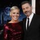 Pink in a shimmering red dress at Jimmy Kimmel Live