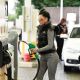 Jemma Lucy in Tights at a gas station in London