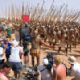 The crew prepares to film Alexander (Colin Farrell) in combat.