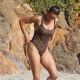 Paula Patton in Animal Print Swimsuit on Malibu Beach