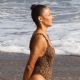 Paula Patton in Animal Print Swimsuit on Malibu Beach
