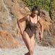 Paula Patton in Animal Print Swimsuit on Malibu Beach