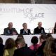 Press conference on the set of Quantum of Solace at Pinewood Studio. Left to right: Producer Michael G. Wilson, Judi Dench, Director Marc Forster and Producer Barbara Broccoli. Byline David Dettmann. Quantum of Solace © 2008 Danjaq, LLC, United Artists Co