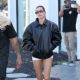 Hailey Bieber – In leather jacket in Los Angeles