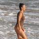 Paula Patton in Animal Print Swimsuit on Malibu Beach