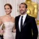 Jean Dujardin and Jennifer Lawrence, winner of the Best Actress award for 'Silver Linings Playbook,' poses in the press room during the Oscars at Loews Hollywood Hotel February 24, 2013 Hollywood
