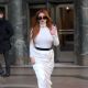Bella Thorne – Wearing a long white dress and black boots in New York